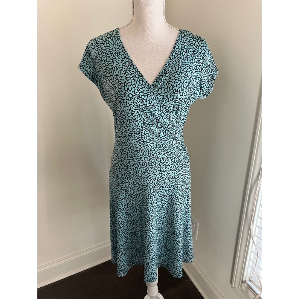 Freelance Short Sleeve Blue & Brown Print Faux Wrap Dress Size Large